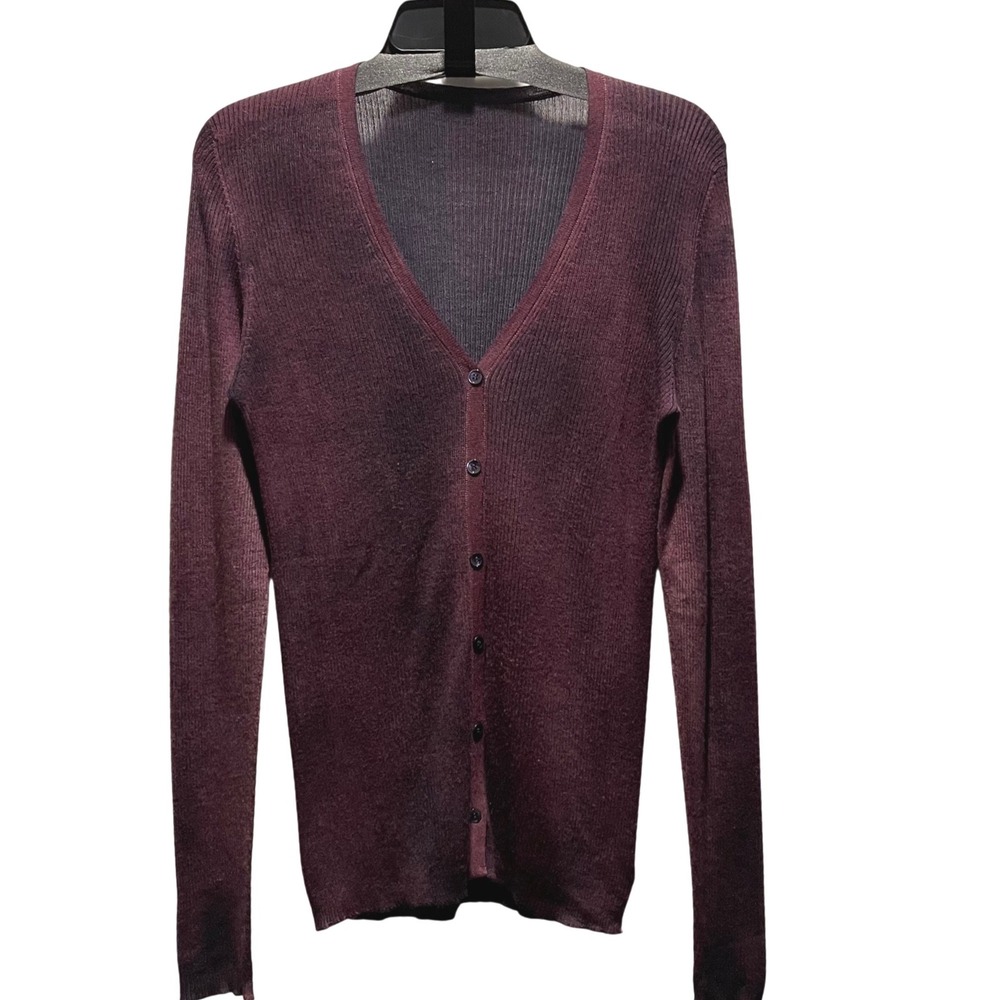 Unbranded Burgundy Blue Ribbed V Neck Button Cardigan 70 Cashmere 30 Silk Medium